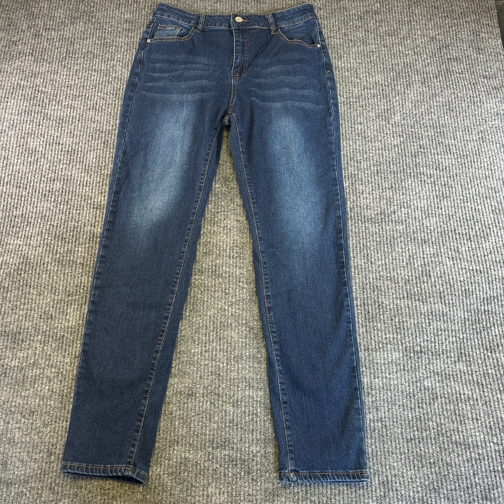 New Fashion Womens Dark Wash Slim Straight Leg High Rise Stretch Jeans Size L
